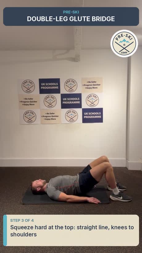 A PRE-SKI lesson video showing the double-leg glute bridge held at the top position, with the exercise name in the header bar and the coaching cue at the bottom
